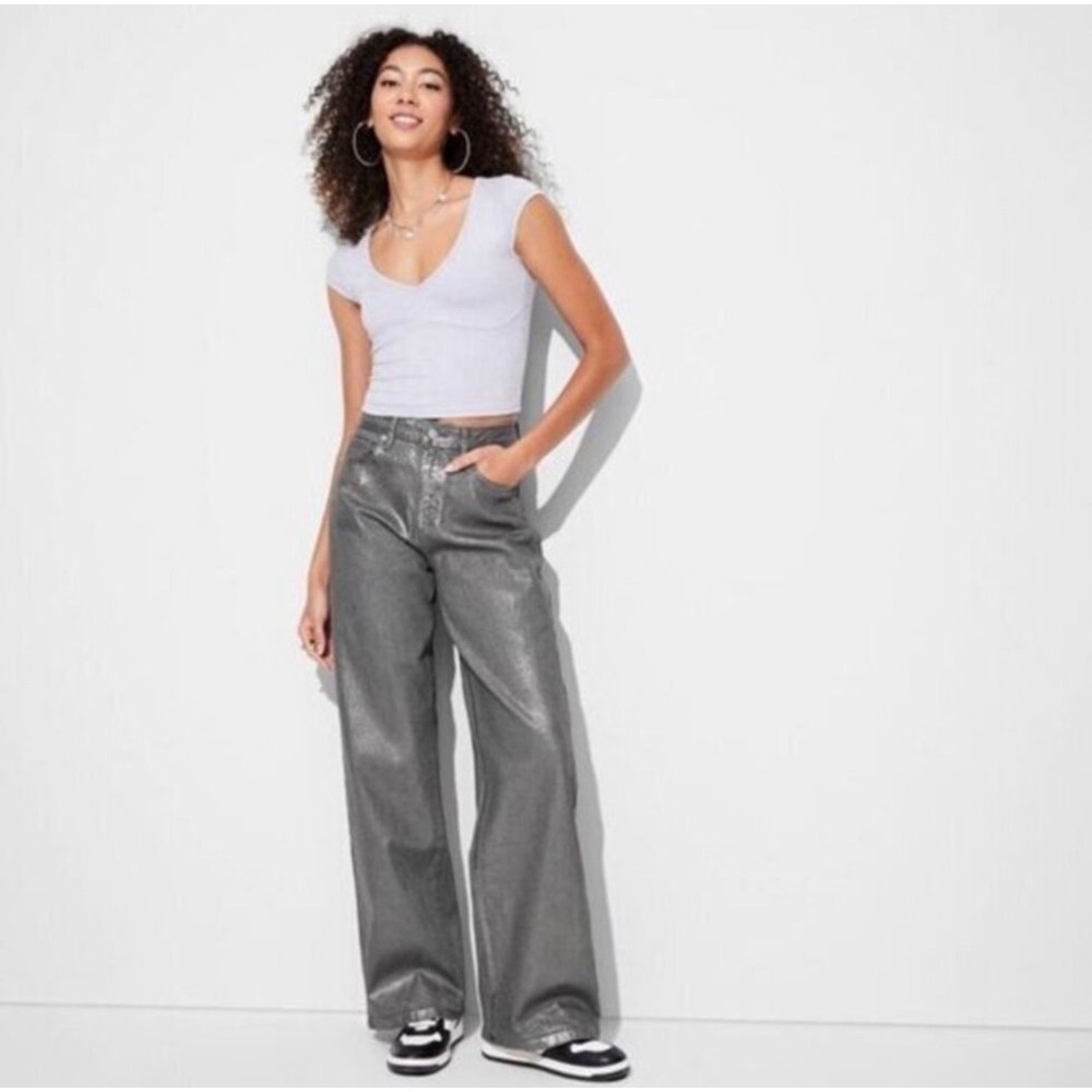NWT Wild Fable Silver Metallic High Rise Baggy Jeans Grey Wide Leg Wmns SZ 14/R